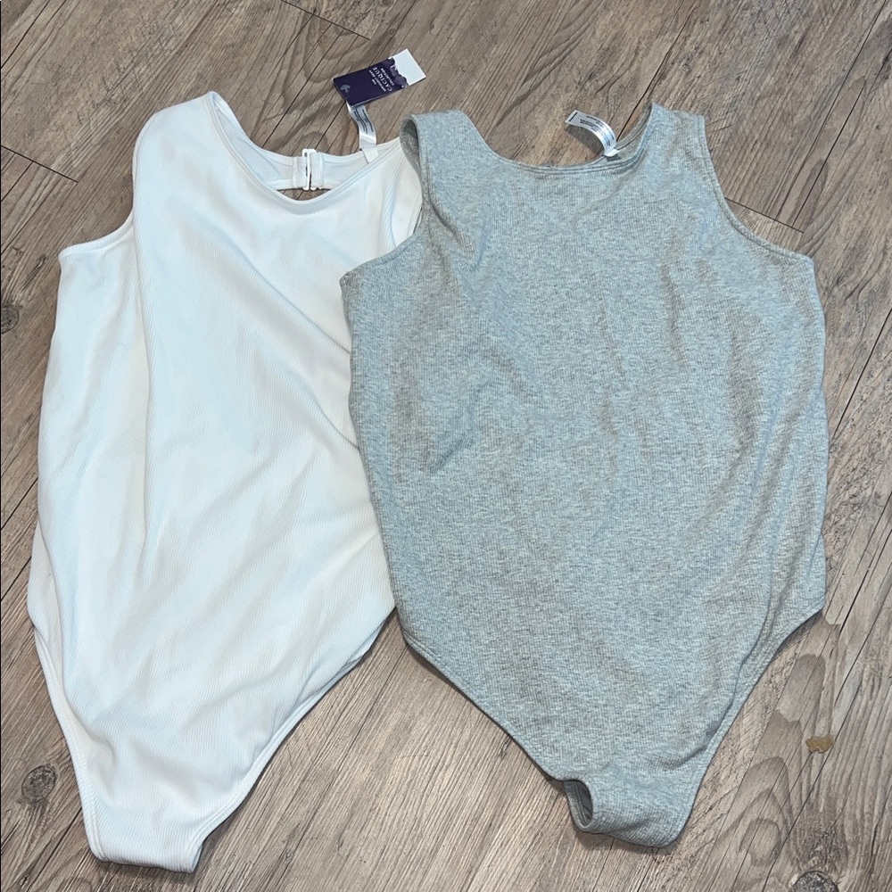 Cacique White Ribbed Tank Bodysuit with Scoop Neck